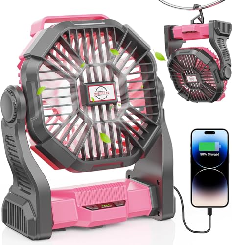 DOWILLDO 20000mAh Portable Battery Powered Camping Fan - with LED Light, Quiet Battery Operated, Camping Gear for Travel, Tent, Beach, Car or Hurricane Power Outages, Pink