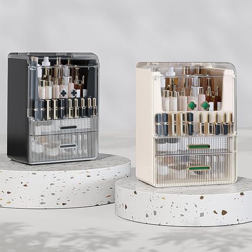 Dravizon Dustproof Cosmetic Storage Box, Cosmetics Skincare Jewelry Organizer, Multi-Function Makeup Box, Cosmetics Storage Box, Makeup Organizer with Lid (White) (Black) 38.5*28*20 cm