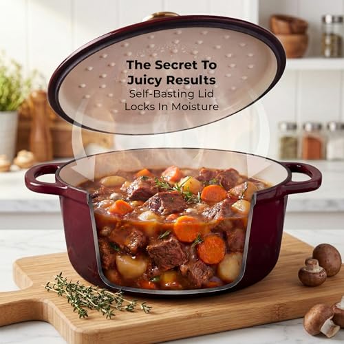 Image of Zulay Kitchen 6.4QT Enameled Cast Iron Dutch Oven Pot with Lid, Heavy-Duty Soup Pot for Stews, Braising, Roasting & Sourdough Bread Baking, Oven Safe up to 500F - Garnet