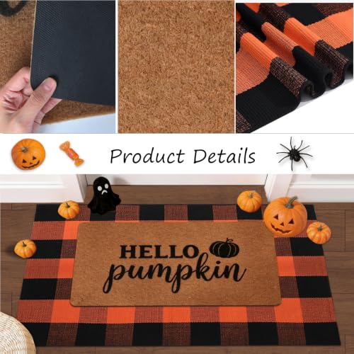 2 Pack Fall Halloween Door Mat Set, Pumpkin Coir & Plaid for Thanksgiving - image 5