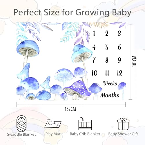 Image of Mushroom Theme Baby Monthly Milestone Blanket, Soft Flannel Watercolor Spring Tropical Eucalyptus Leaves Botanical Photography Prop Newborn Baby Shower Age Growth Tracker (Blue, 60x40in)
