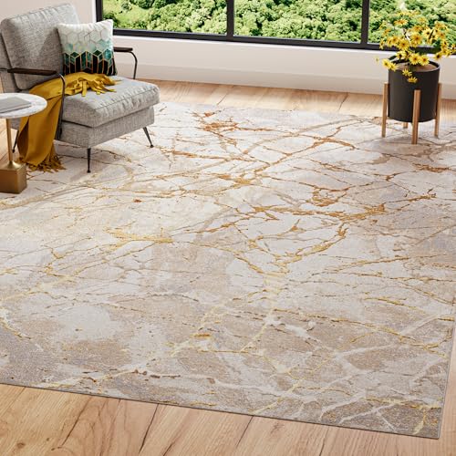 TAPISO Golden Teppich Wohnzimmer Kurzflor Schlafzimmer Luxuriös Creme Gold Abstrakt Linien Meliert Verwischt Modern Design ÖKOTEX 120 x 170 cm