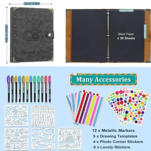 ZEEYUAN Leder Fotoalbum 60 Seiten zum Selbstgestalten Nieten Scrapbook Fotobuch zum Einkleben Schwarze Seiten Perfekt als Familienalbum Reisealbum Hochzeitsgästebuch