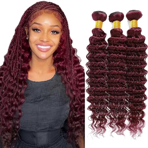 08 08 08 Inch Human Hair Bundles Burgundy 99J Deep Wave Bundles Human Hair 100% Unprocessed Soft Sewn In Human Hair Extensions with Double Weft for Black Women