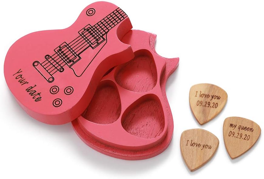 Albertband Personalized Guitar Wood Picks Box Guitar Pick Suit Wooden Guitar Picks Custom Any Message with 3 Pcs Wood Picks Collector Customized Guitar Pick Guitar Accessories (Pink-PICKS)