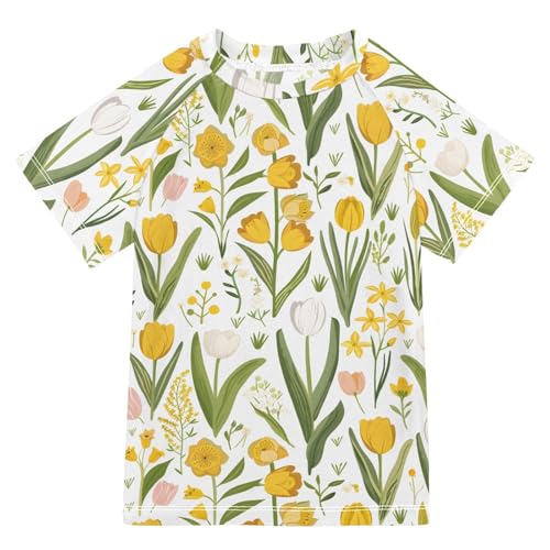 Boys Rash Guard Short Sleeve Swim Shirts for Boys Spring Floral Flowers Sun Protection 7-8T