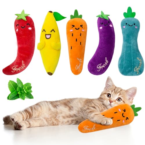 Seyezo Catnip Toys for Indoor Cats, 5 Pack Cat Toys for Cats, Fluffy Catnip Toys for Chewing Playing, Interactive Kitten Toys, Catnip Filled Kitty Chew Teething Toys, Cat Chew Toys, Vegetable,5 pcs