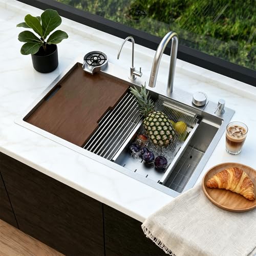 33x22 Waterfall Kitchen Sink Circular Design Drop In Kitchen Sinks with Faucet Combo Modern Smart Single Bowl 16 Guage Stainless Steel Workstation Sink 33x22x10 Inch Brushed Nickle