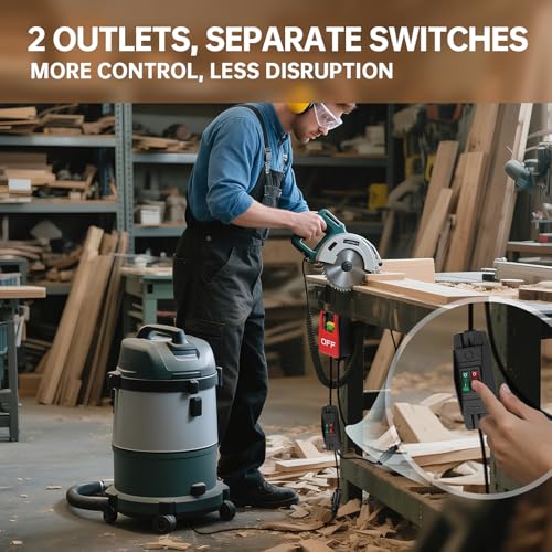 110V Single Phase Safety Switch, Ortis Router Table Switch with 2 Female Plugs and Independent ON/Off Switches, Large Emergency Stop Paddle, Designed for Table Saws and Workshop Tools - Thumbnail 2