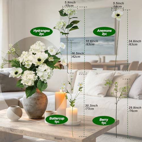 BUZIGUBY 32.6" White Hydrangea Artificial Flowers DIY Set, Premium Silk Fake Flowers for Centerpieces for Tables, Home, Kitchen & Wedding Decor,6Pcs — view 2