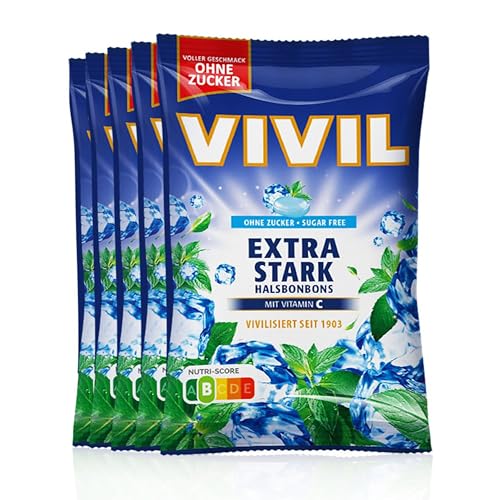VIVIL Extra fuerte con vitamina C, 5 bolsas, caramelos para el cuello con sabor a menta, sin azúcar y vegano, 5 x 120 g