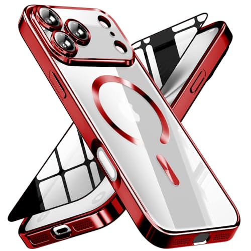 Image of Magnetic for iPhone 17 Pro Max Case with Privacy Screen Protector & Full Camera Cover,[Non-Yellowing] Shockproof Clear Phone Case Compatible with MagSafe Women Girls for iPhone 17 ProMax,Red