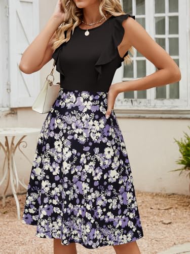 Image of YATHON Women's Vintage Ruffle Sleeve Floral A Line Cocktail Party Dresses