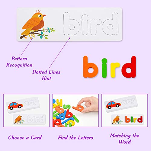 ABC Alphabet Puzzles for Kids 3-5 Years Old - Words Spelling Sorting& Stacking Toys for Preschool Toddlers - Vocabulary Learning Sight Words for Early Education (52 Letter Blocks + 28 Flashcards)