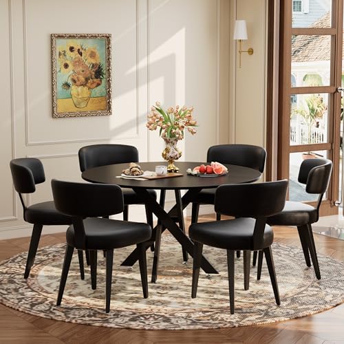 Image of Wood Dining Table Set for 6, 47 inch Round Kitchen Table with 6 Faux Leather Dining Chairs, MDF Tabletop with Metal Legs, Ergonomic Dining Chair with Metal Legs(Black Table with Black Chairs)