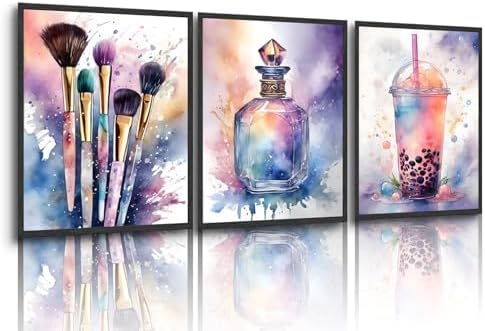 Aesthetic Teen Girls Bedroom Wall Art Set of 3 - Pink & Purple Watercolor Splash Canvas Posters & Pictures, Makeup Enthusiast Prints with Bubble Tea, Perfume Bottle & Brushes, Unframed Trendy Decor for Vanity & Dorm (12x16 Inches)