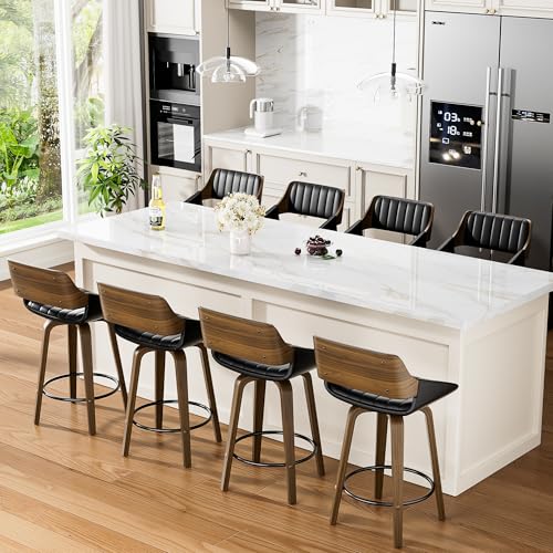 Image of YaFiti Bar Stools Set of 2, 26 inch Swivel Counter Height Barstools with Bentwood Back and Legs, Mid Century Modern Upholstered Faux Leather Counter Stools for Kitchen Island, Bar, Dining Room, Black