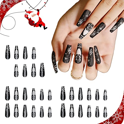 Christmas Press on Nails Long Coffin,Fake Nails Full Cover Stick on Nails Black with Snowflake 24 Pcs 12 Sizes False Nail for Christmas Reusable Acrylic Glue on Nail for Women And Girls