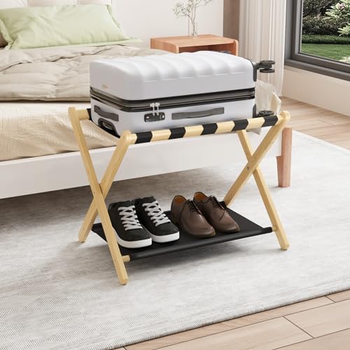Smuxee Natural Bamboo Luggage Rack for Guest Room, Foldable Suitcase Stand with Storage Shelf, Easily Assembled Luggage Stand with 5 Nylon Straps for Guest Room Bedroom Hotel