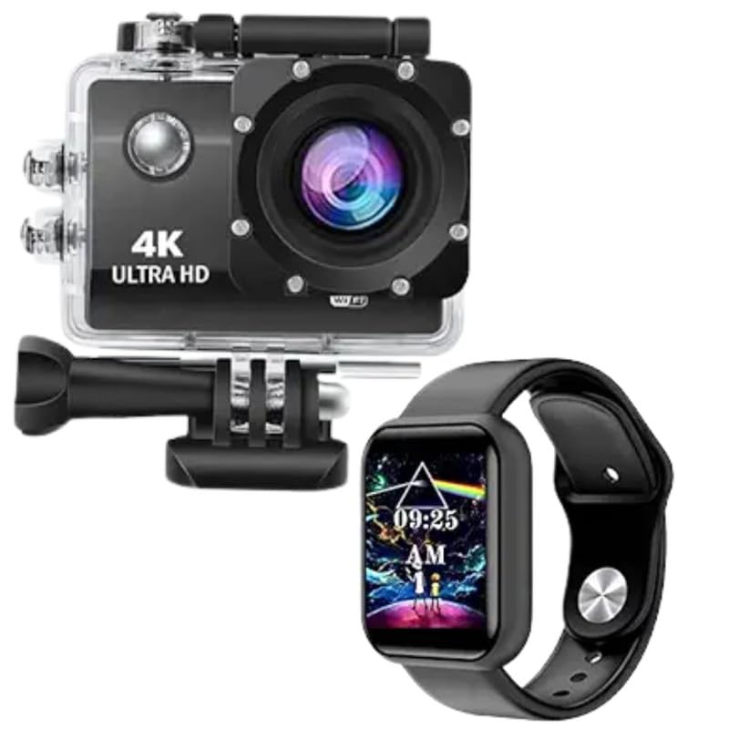 Drumstone Combo Pack of 2 Items- Touch Screen Sports Action Camera, 4K Waterproof Sport Camera 16MP with D20 Touchscreen Smart Watch Bluetooth Smartwatch with Heart Rate Sensor for All Boys & Girls