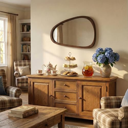 Image of Solid Wood 36x24 Dark Walnut Irregular Bathroom Vanity Wall Mirror | Deep grain and asymmetrical shape suit MCM, transitional decor, over-sink vanities, powder rooms, guest baths, dresser walls