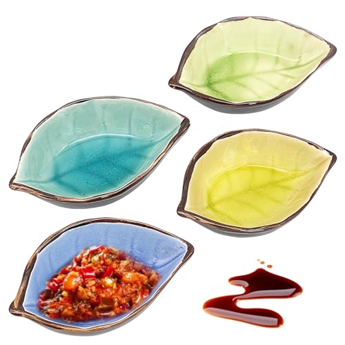 4 Ciotole in Ceramica a Forma di Foglia, 7x10cm Piccole Ciotole per Salse di Soia Colorato Mini Ciotole per Salse Ceramica Piccole Ciotole per Snack, Sushi, Salsa, Soia e La Frutta (4 Stili)