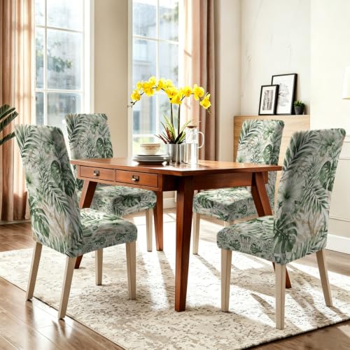 Image of Tropical Leaf Dining Chair Covers Set of 4, Green Palm Slipcovers