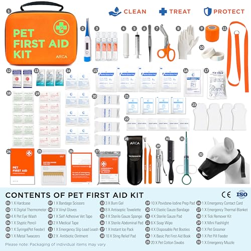 Image of ARCA PET Cat & Dog First Aid Kit - High Visibility Reflective Zipper with Fluorescent Letter Print - 100 pcs with Dog Thermometer, Tick Remover Kit & Pet First Aid Kit Manual Book