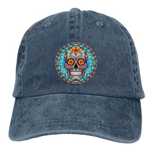 OTIQTI ART Casquette de baseball Mardi Gras Squelette de tournesol Chapeau de golf Chapeau en coton pour homme et femme, Vitrail Sugar Skull 9 Bleu Marine 18, taille unique