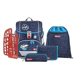 Step by Step Schooltassenset 2IN1 Plus Reflect, 6-delig, ergonomische tornister met reflectoren, in hoogte verstelbaar met heupriem voor meisjes en jongens vanaf de eerste klas, 19L Sky Rocket polyester met 100% PFC-vrije coating., Sky Rocket – donkerblauw