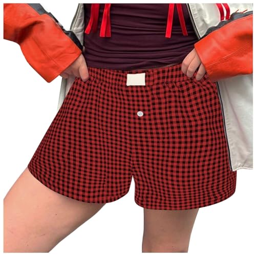 Lainuyoah Short feminino confortável de cintura alta stretch 2024 xadrez listrado shorts boxer para