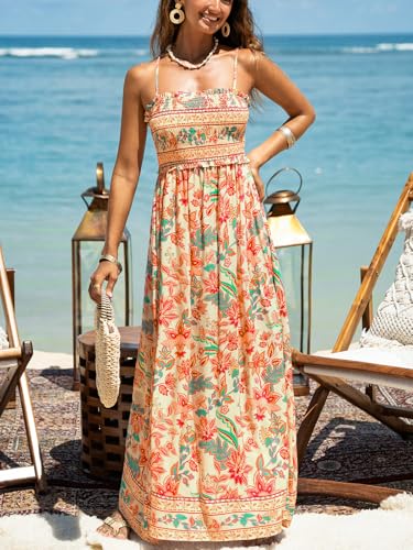 Image of CUPSHE Women Spaghetti Straps Boho Maxi Dress Summer Sleeveless Smocked Floral Beach Long Dress Flowy Cruise Vacation Outfits
