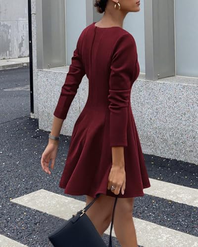 BTFBM Long Sleeve A Line Mini Dresses for Women,Burgundy,Medium - image 3