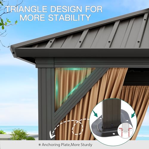 10x13ft Double Roof Hardtop Gazebo, Heavy Duty Galvanised Steel Hardtop Pavilion with Nettings and Curtains, Metal Roof Gazebo for Patio, Terrace, Lawn and Deck, Brown
