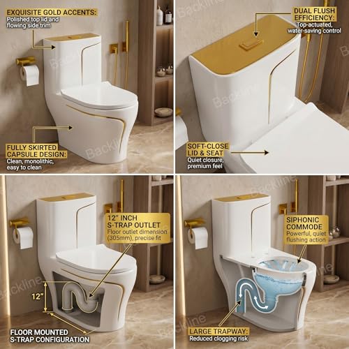 Image of B Backline Ceramic Comode Toilet /Siphonic Western Toilet With 10L In-Built Tank | Commode Soft Closing Toilet Seat - 12 inch Inch S Trap Outlet Is From Floor (White Gold Glossy) (7 Years Color Warranty)