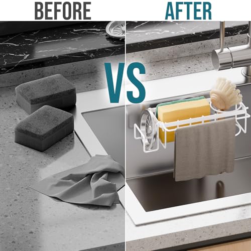 Image of TAILI 4-in-1 Sponge Holder for Kitchen Sink with Strong Suction Cup-White | Removable Rustproof 304 Stainless Steel Multi-compartment Sponge Holder with Suction Cup, Keeps Brushes & Scrubbers Tidy