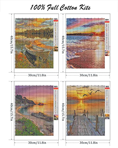 Image of LWZAYS 4 Pack Cross Stitch Kits-Stamped Cross Stitch Kits for Adults Landscape Counted DIY Embroidery Needlepoint Kits Home Decor 12x16inch
