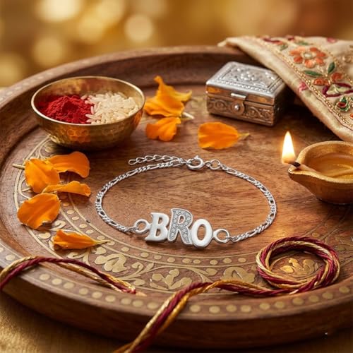 Image of Parnika 925 Pure 92.5 Sterling Silver Bro Floral Mor Pankh Flute Evil Eye Veera Shankh Rakhi Bracelet for Brother | Hallmarked Silver Raksha Bandhan Rakhi | Premium Adjustable Rakhi Gift