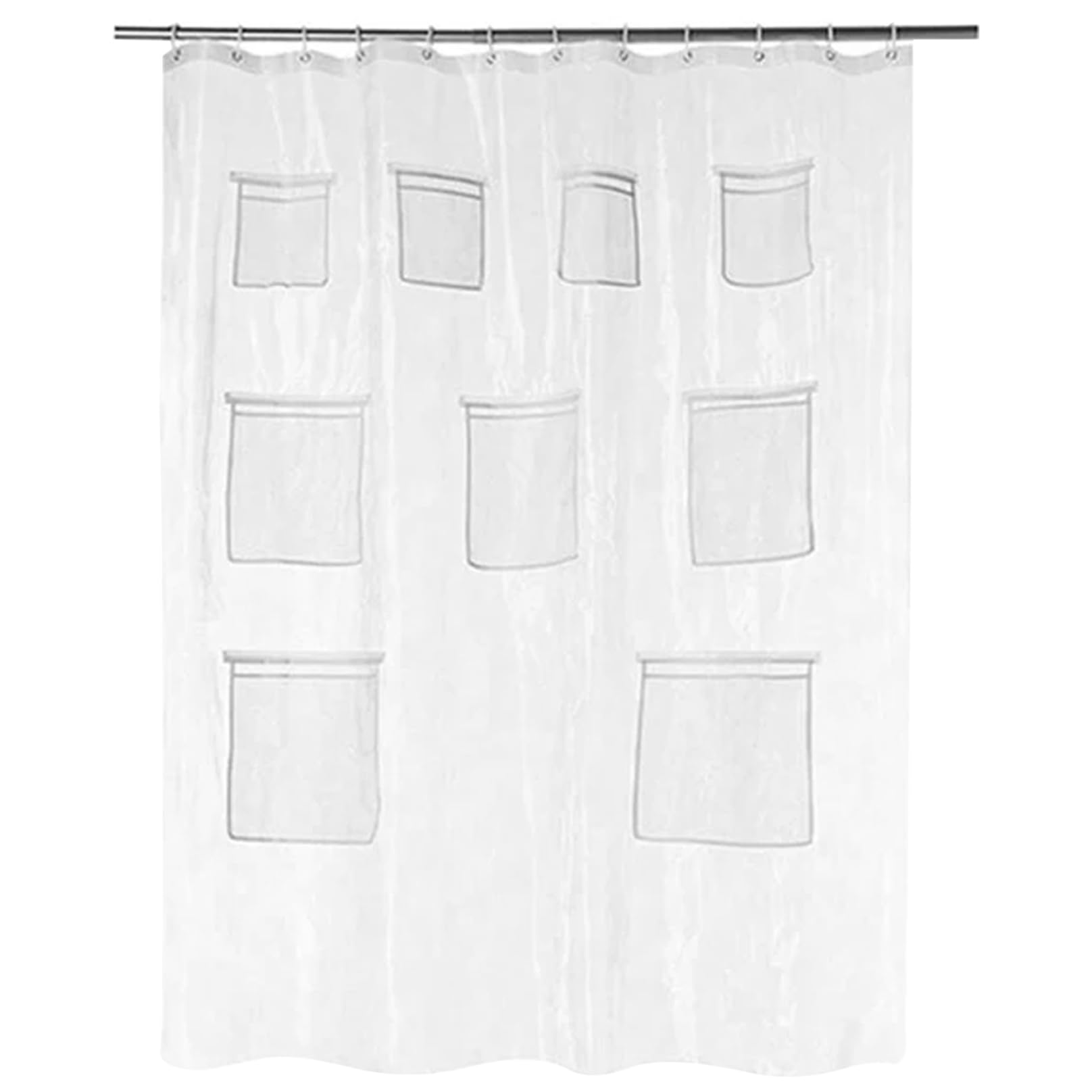 Yeaxxsqy 71x71 Clear PVC Shower Curtain with 9 Mesh Pockets, Waterproof Fabric Liner with Rust-Resistant Grommets & Hooks