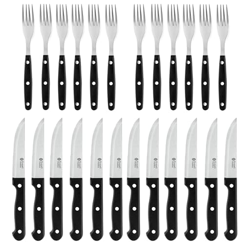 Russell Hobbs Lot de 24 couteaux à steak et fourchettes - service pour 6, fourchettes et couteaux à steak tranchants avec lames en acier inoxydable dentelées, manches...