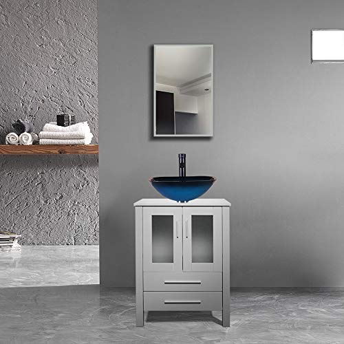 24 Grey Bathroom Vanity,Tempered Glass Vessel Sink Combo,Style Sink,1.5 GPM Faucet Oil Rubbed Bronze,Bathroom Vanity Top with Sink Bowl,20 inch Deep, 30% Water Saving Faucet/U-Eway (B02GA04)