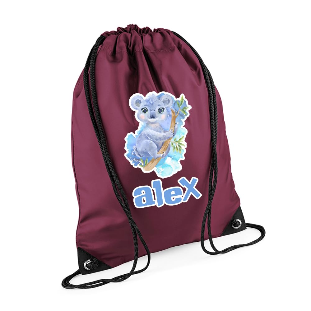 Getagift Personalized Cute Watercolour Koala Drawstring Bag for Kids, Back to School, Waterproof Sports Backpack, PE Kit Bag, Gym and Swimming Bag, Sport Rucksack. (Burgundy)