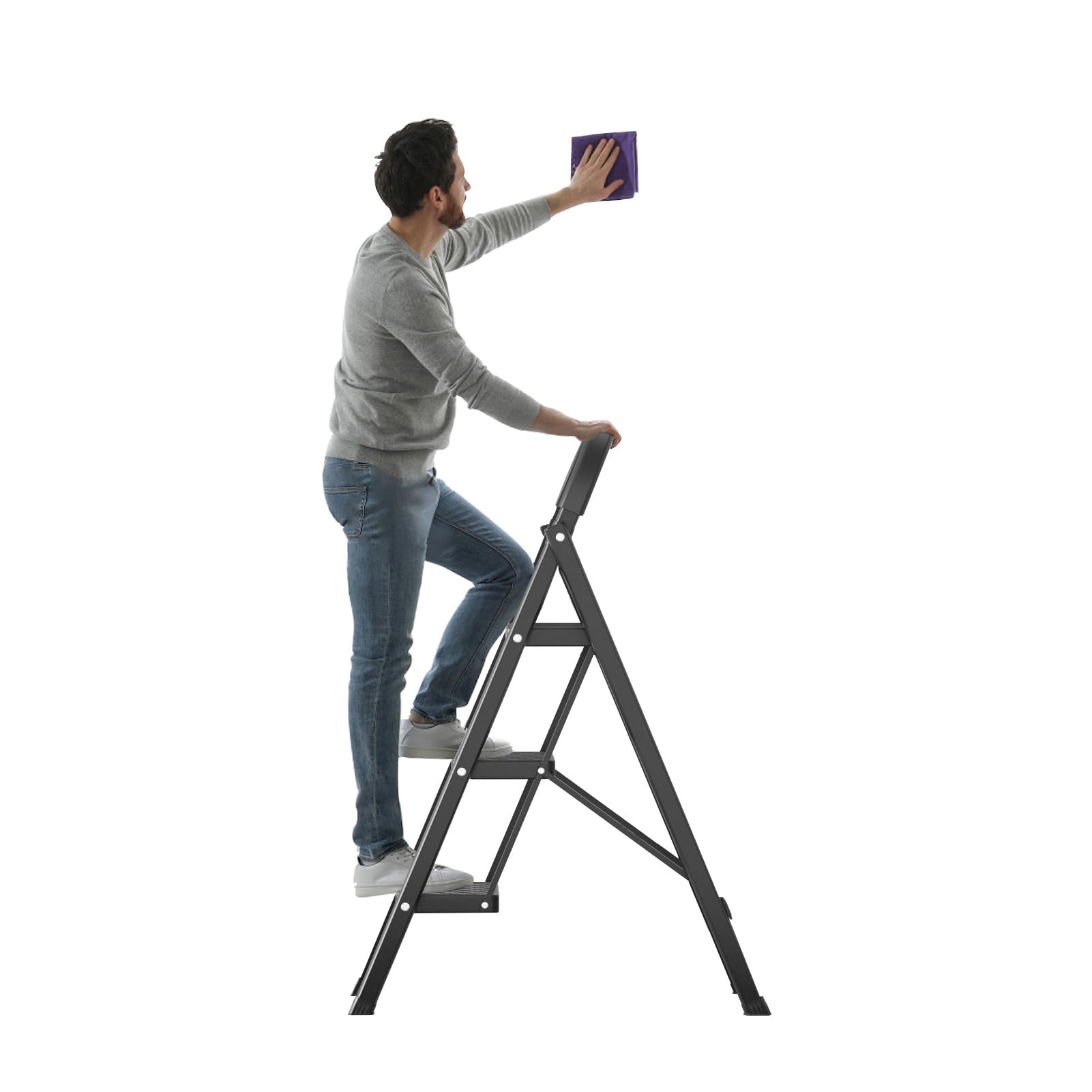 3 Step Ladder - Folding Step Stool with Handrails and Anti Slip Wide Pedal,Heavy Duty 150KG Max Capacity, Foldable Step Ladders for DIY, Home Decorating and RV Outdoor Work (Black)