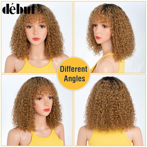 DÉBUT Human Hair Wig With Bangs - Short Curly Bob Jerry Curl for Black Women 150% Density Non Lace Front Glueless (12 Inches, TT2/27) - Image 4