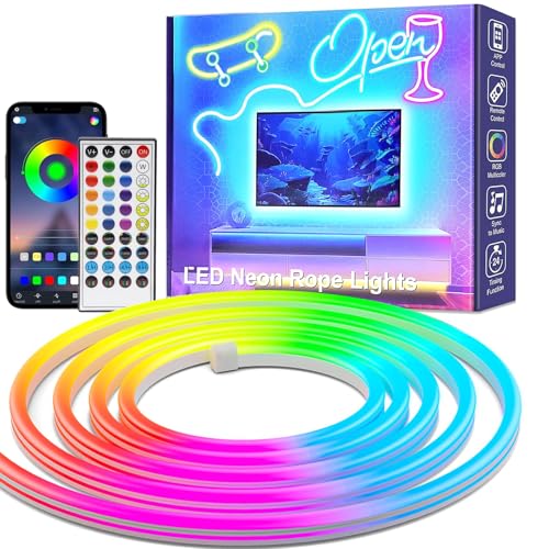 AIBOO Neon LED RGB 5 Metros, Control por APP y Mando a Distancia, Sincronización Musical, Flexible e Impermeable IP67, Tira de Luz LED Neón para Decoración del Hogar y Dormitorio