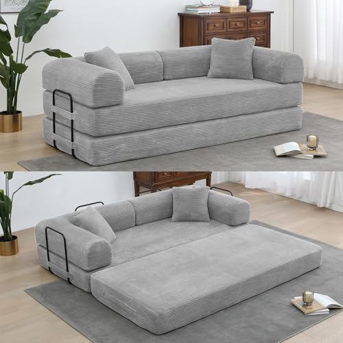 5-in-1 Convertible Folding Sleeper Sofa Bed with Pillow Back Support Corduroy Combination Modular Futon Sofa Couch for Living Room Bedroom Lounge Studio (Grey)