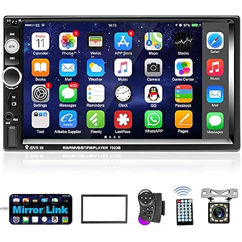 Podofo 2 DIN Car Radio with Bluetooth, 7 Inch Car Radio with HD Touch Display, Steering Wheel Control, Mirror Connection, USB/TF/AUX, Reversing Camera Cover