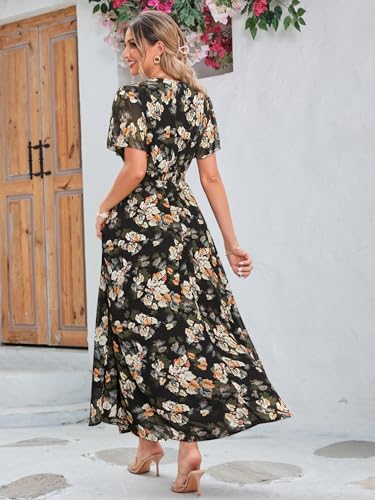Image of Simplee Women's Boho Floral Maxi Dress Flowy Casual V Neck Short Sleeve Wedding Guest Holiday Beach Long Dress