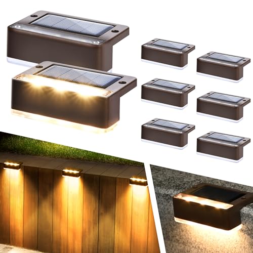 Solpex Zewnętrzne lampy solarne, zestaw 8 sztuk, ciepłe białe światło na schody, wodoodporne oświetlenie słoneczne, oświetlenie LED na zewnętrzne schody, ogrodzenie, podwórko, dekoracja (brązowe)