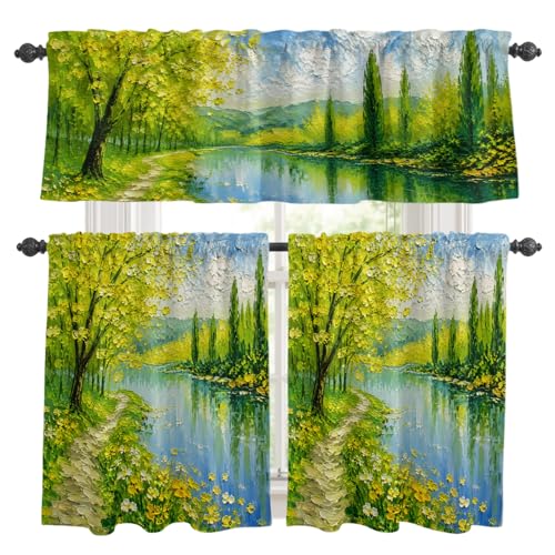 Grassy Path Kitchen Curtains Set for Windows, Spring Sunlit Forest